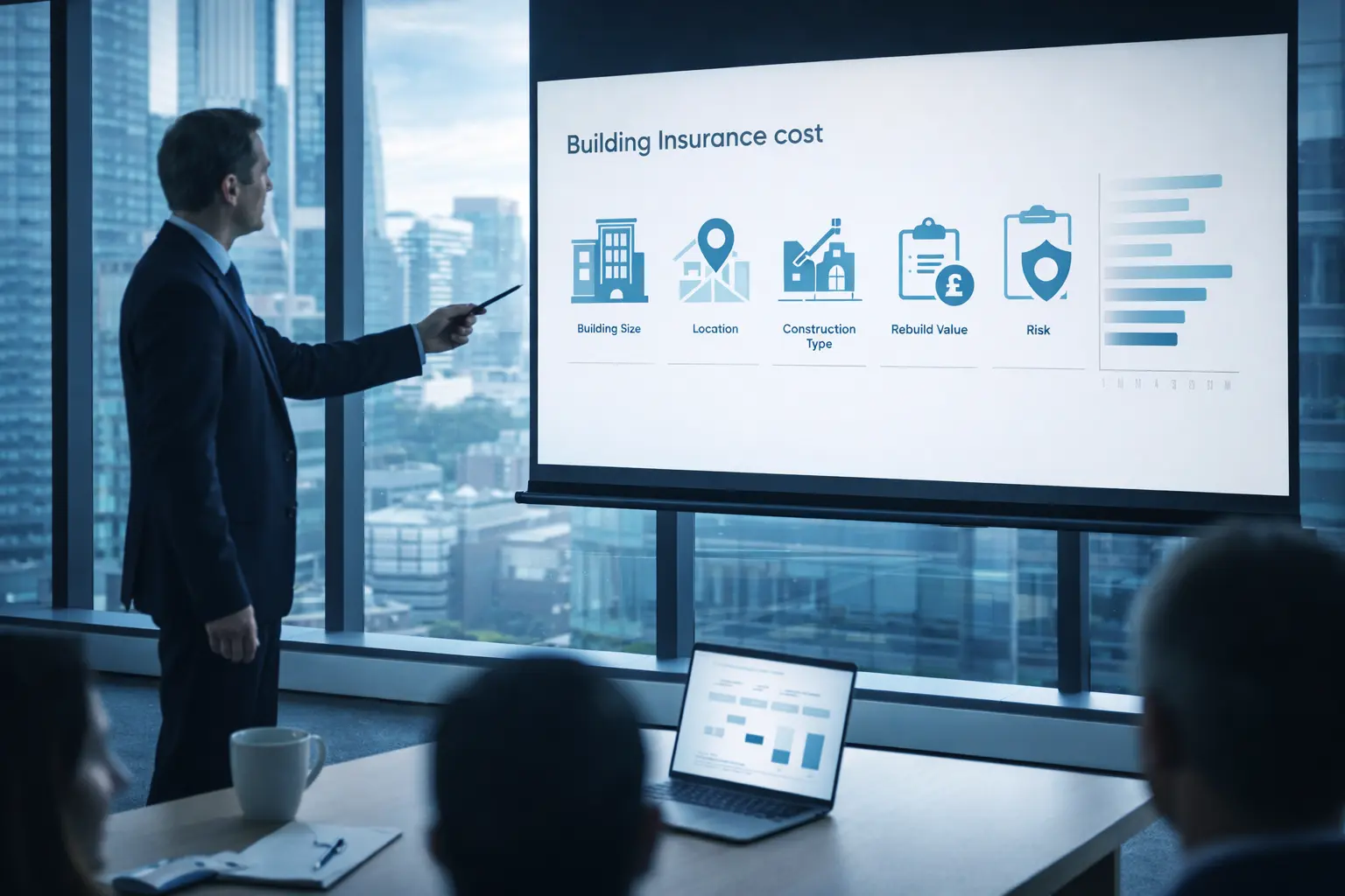 A man in a suit, in a skyline office, giving a presentation pointing to a infographic breaking down the key factors that influence UK property insurance costs