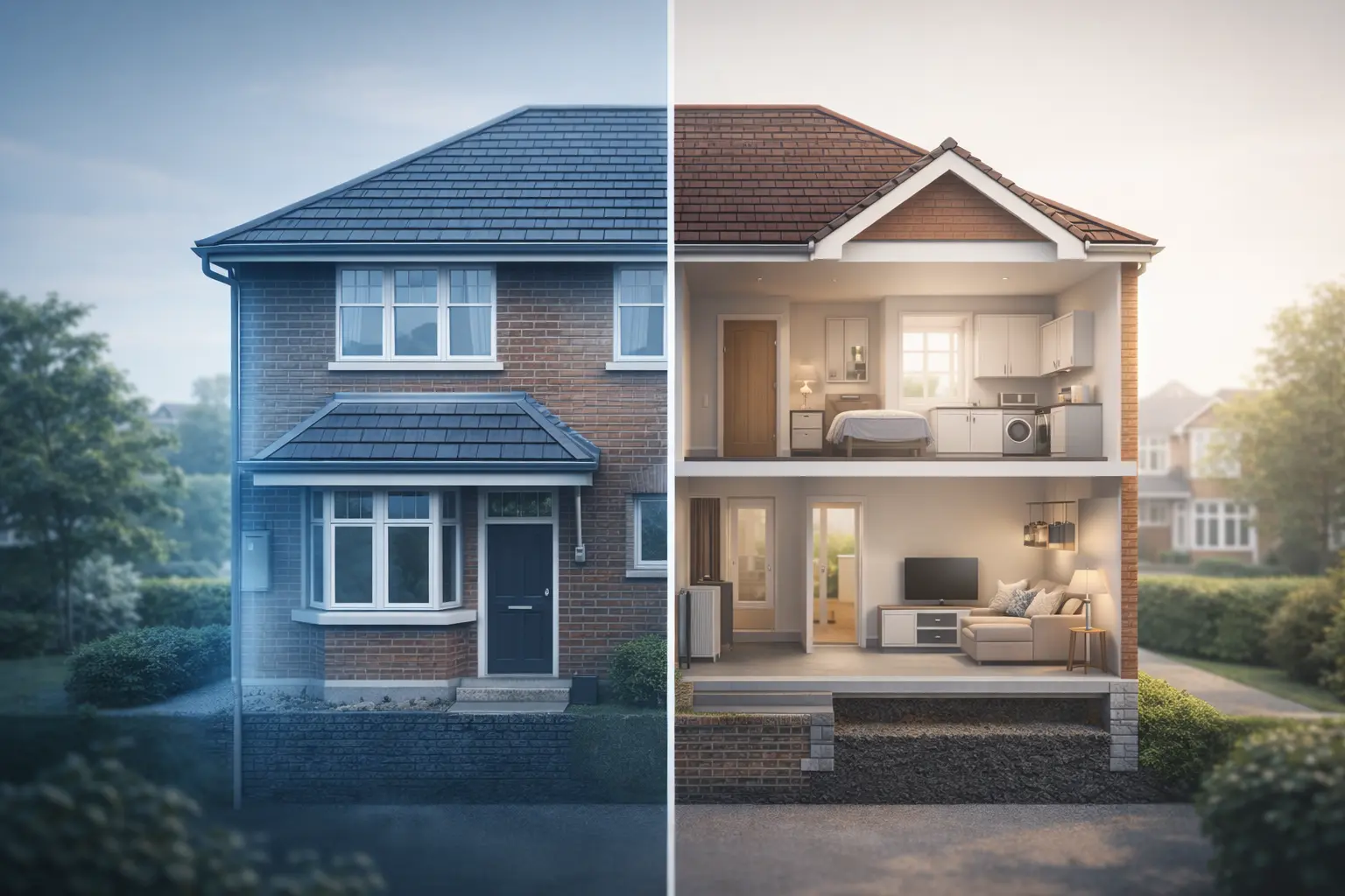 Diagram-style split image of a UK residential property highlighting landlord responsibility for structure and tenant responsibility for internal living areas